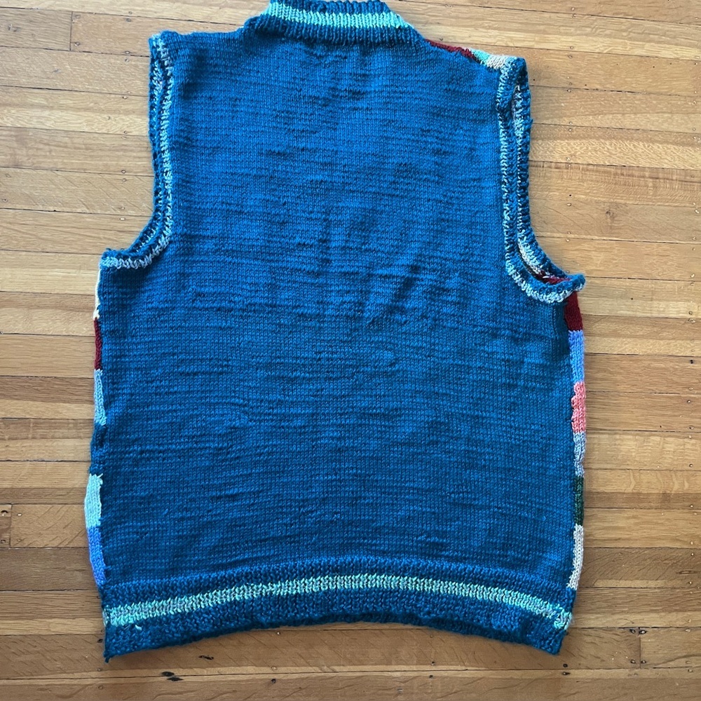 Handknit handmade colorful patchwork sweater vest eclectic grandpa plaid L XL M - Picture 10 of 11